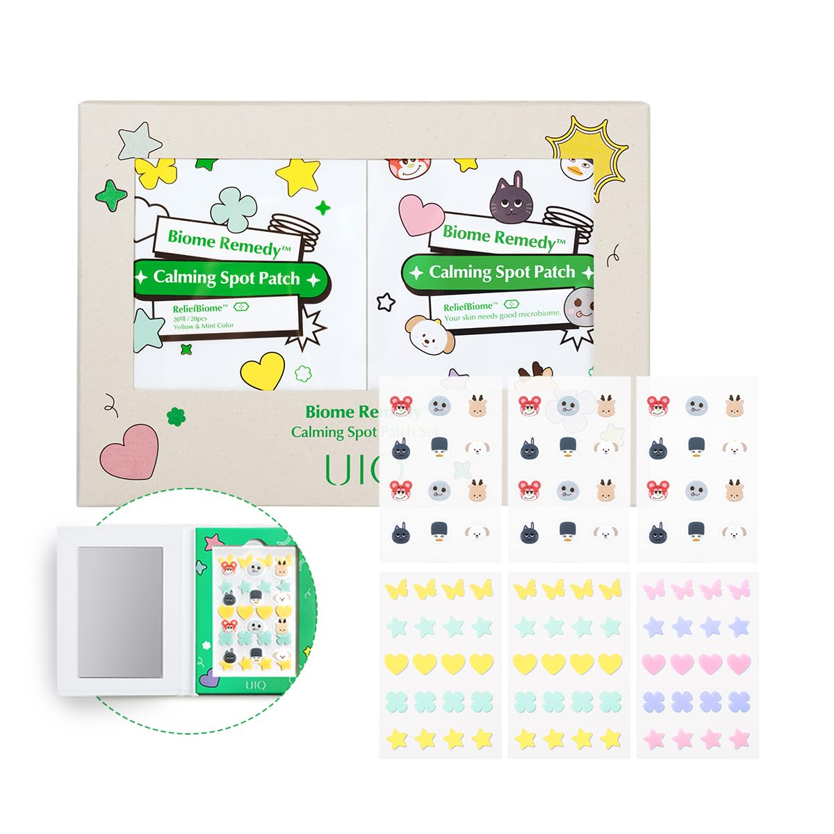 UIQ x RIIZE Biome Remedy Calming Spot Patch (96 count) with folder mirror, Hydrocolloid, Plasta patches for face & body, Cute designed patch, Non-comedogenic, Hypoallergenic tested