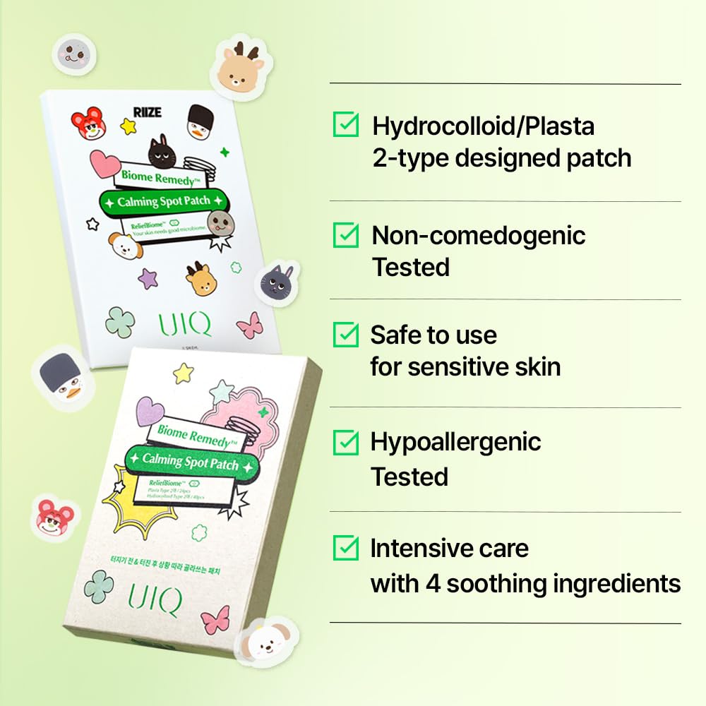 UIQ x RIIZE Biome Remedy Calming Spot Patch (96 count) with folder mirror, Hydrocolloid, Plasta patches for face & body, Cute designed patch, Non-comedogenic, Hypoallergenic tested