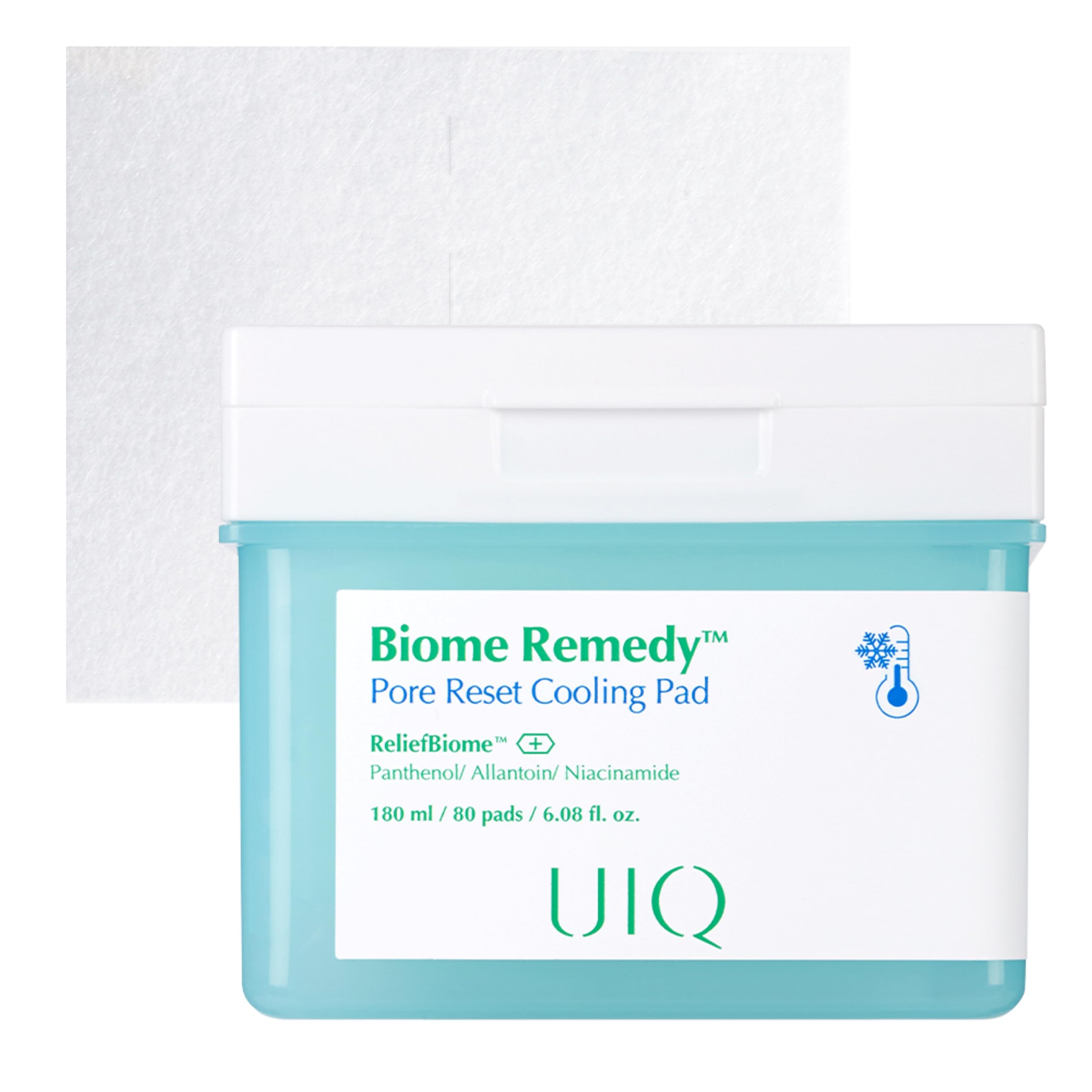 UIQ Biome Remedy Pore Reset Cooling Pad, Hydrating & Cooling Korean Toner Pads, Instant Cooling for Dry, Overheated skin, Pore Care with Panthenol, Allantoin, Niacinamide 80 Pads, 6.08 fl. oz.